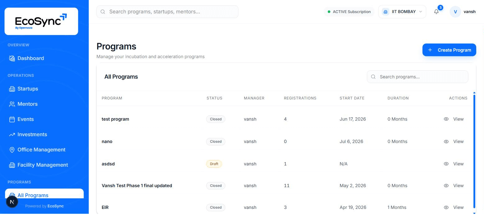 EcoSync programs list showing live incubation programs with their batches and application counts