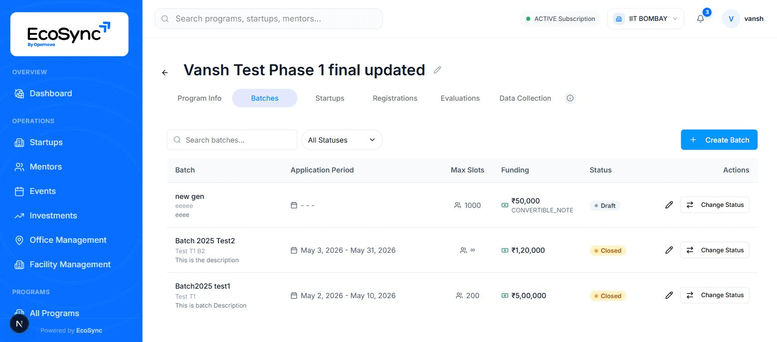 Program batches in EcoSync showing concurrent student cohorts running under a single campus incubation program