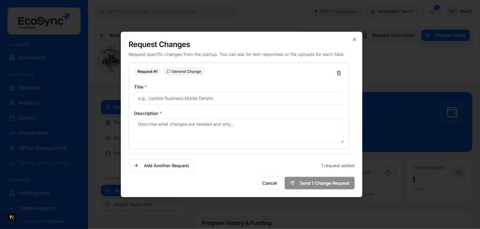 Change request being raised against a startup application in EcoSync, asking the applicant to revise a specific section