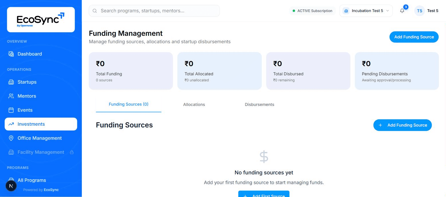 Funding overview in EcoSync showing sources, allocations to programs and disbursed tranches