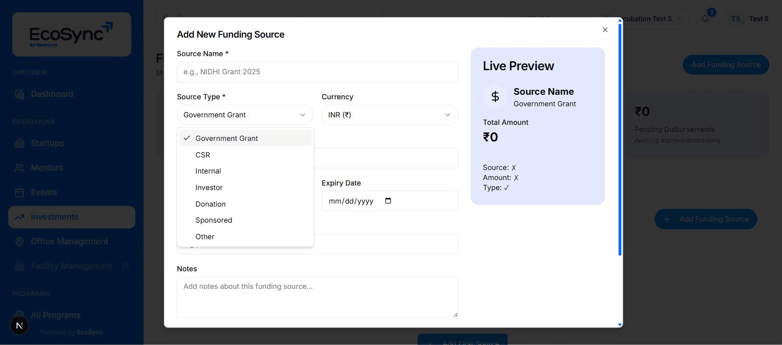 Funding source setup in EcoSync capturing the origin, total amount and type of an incoming funding commitment