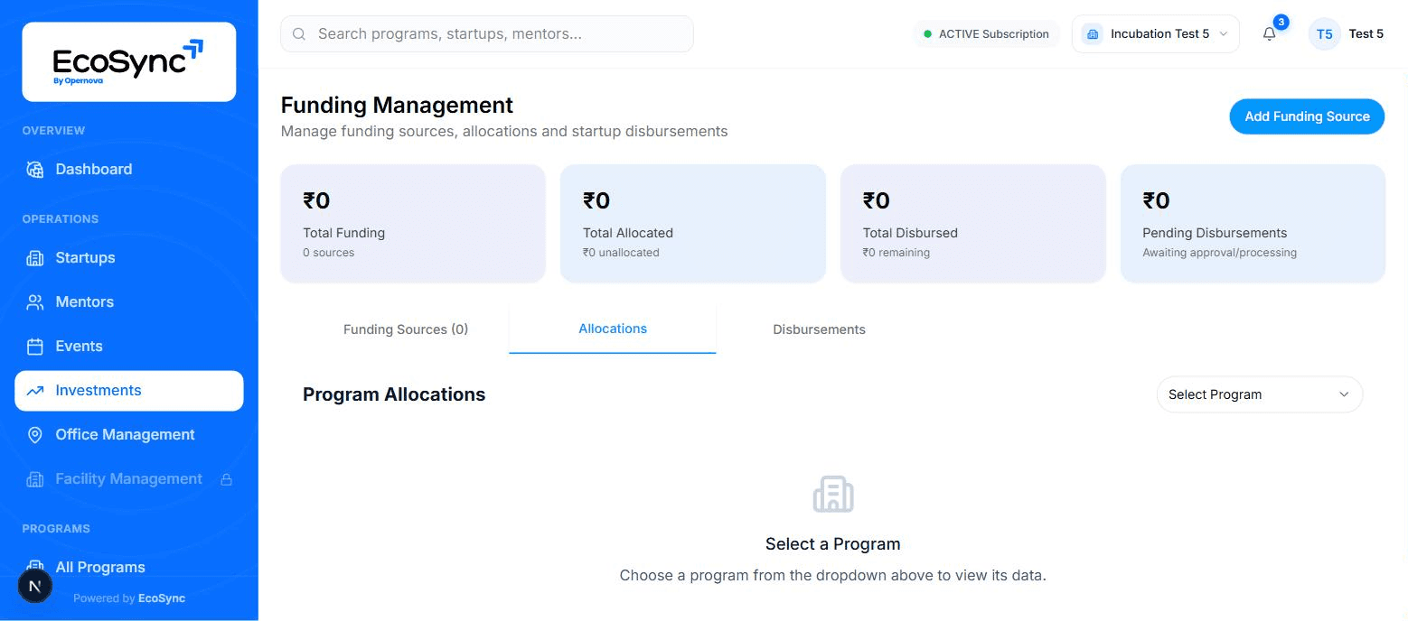 Program funding allocations in EcoSync showing amounts committed from a source and the remaining unallocated balance