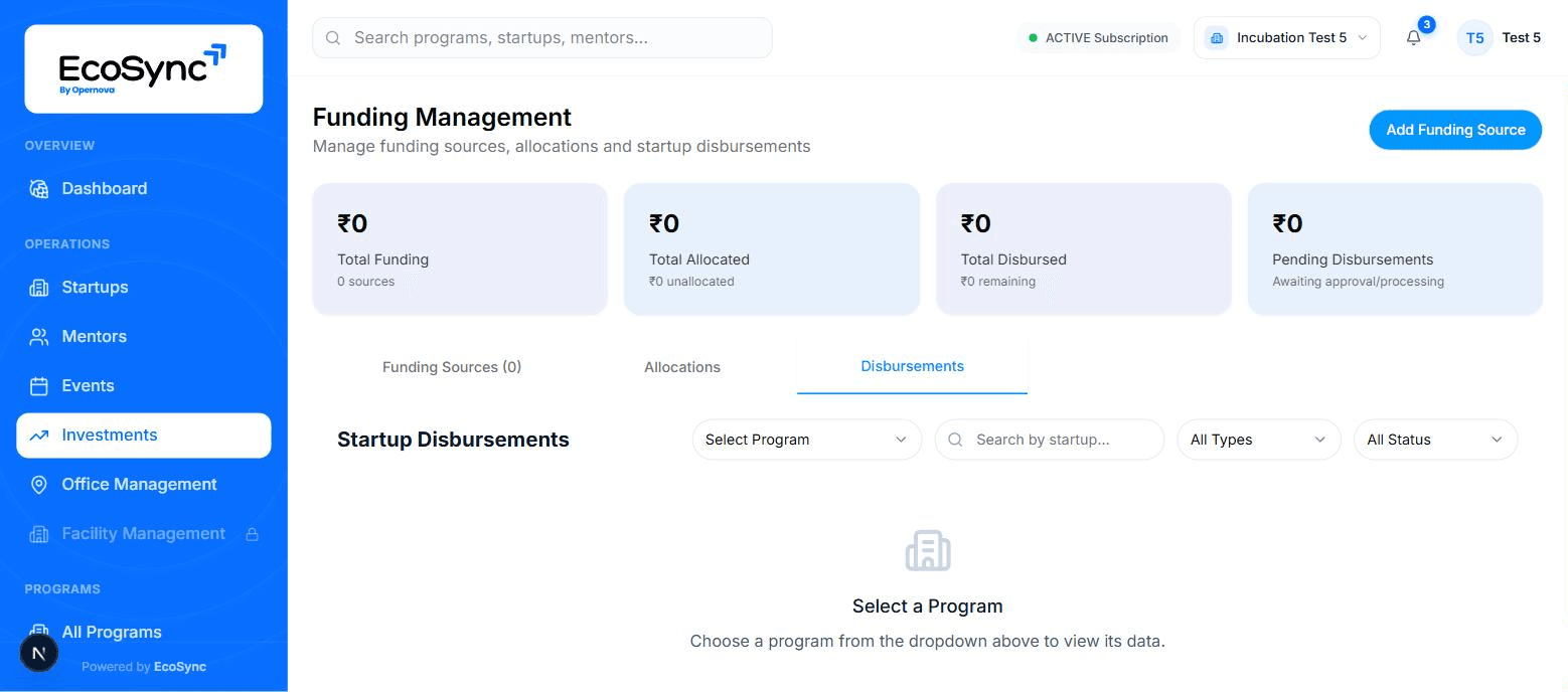 Tranche disbursement record in EcoSync showing amounts released to startups against a scheme allocation with dates and status