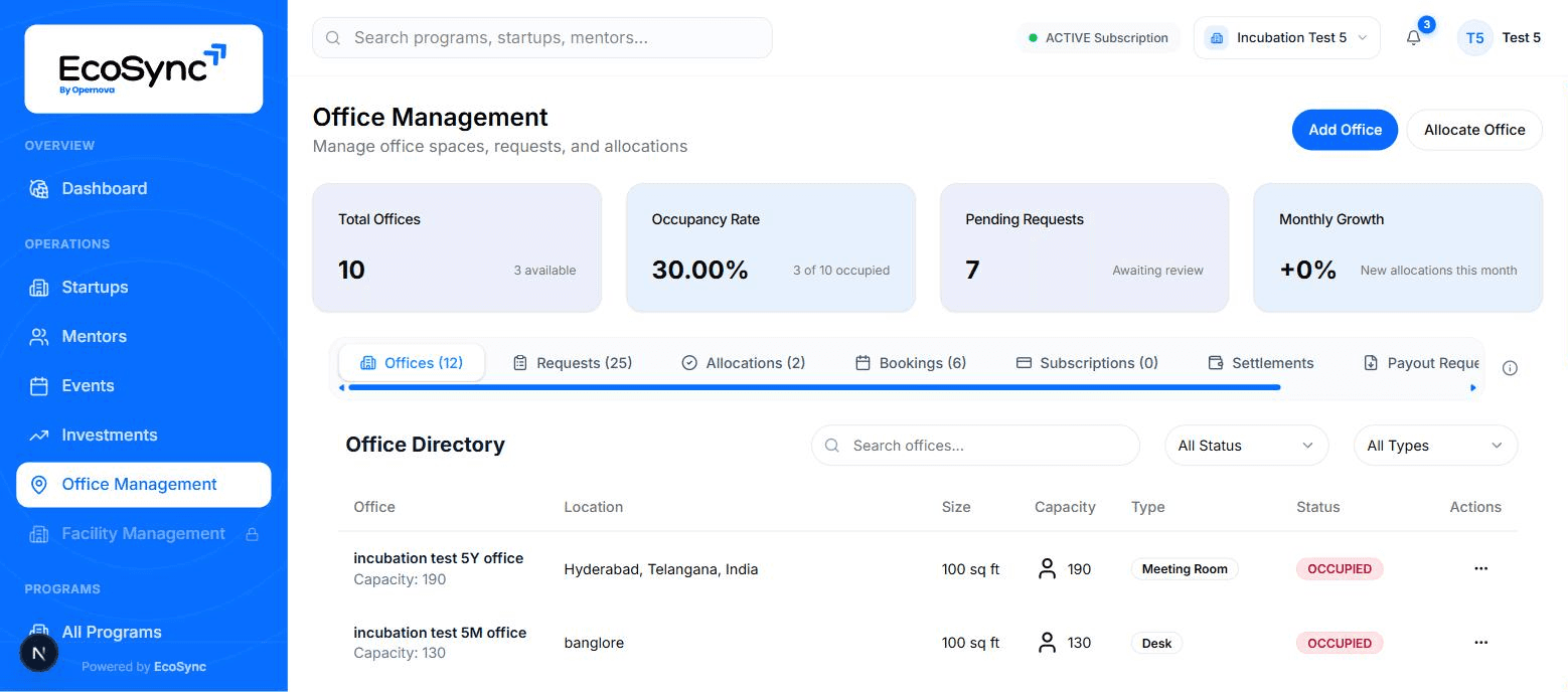 Office space directory in EcoSync listing desks and cabins with occupancy and pricing tiers