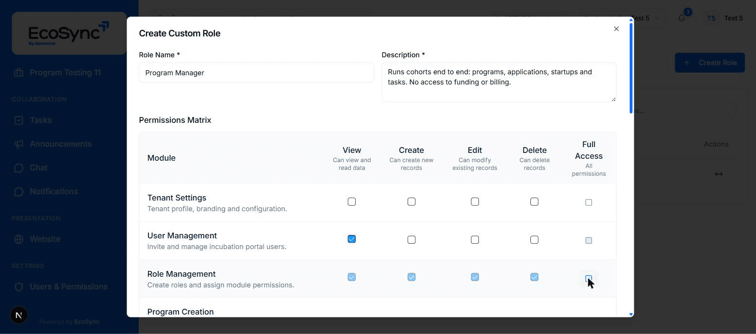Role permissions matrix in EcoSync showing create, read, update and delete access per module for a defined role