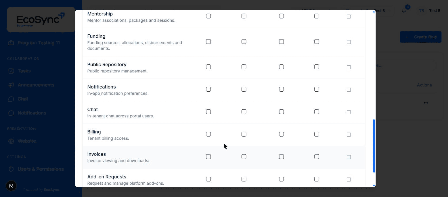 Module-level permission matrix in EcoSync assigning create, read, update and delete rights per role across feature areas