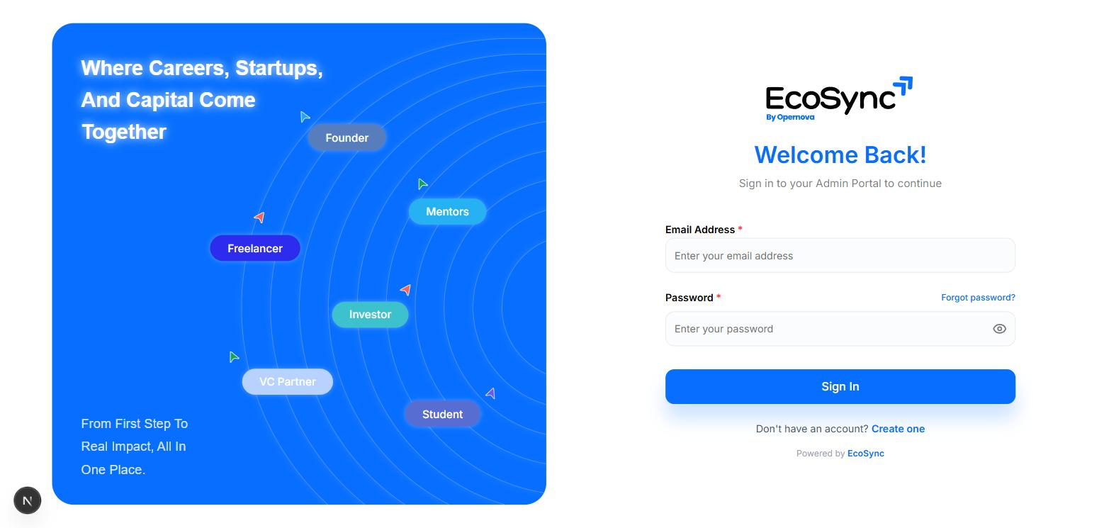 The EcoSync incubation portal sign-in screen with email address and password fields