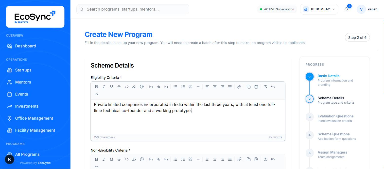 Step two of the create program wizard showing eligibility, non-eligibility and expected outcomes