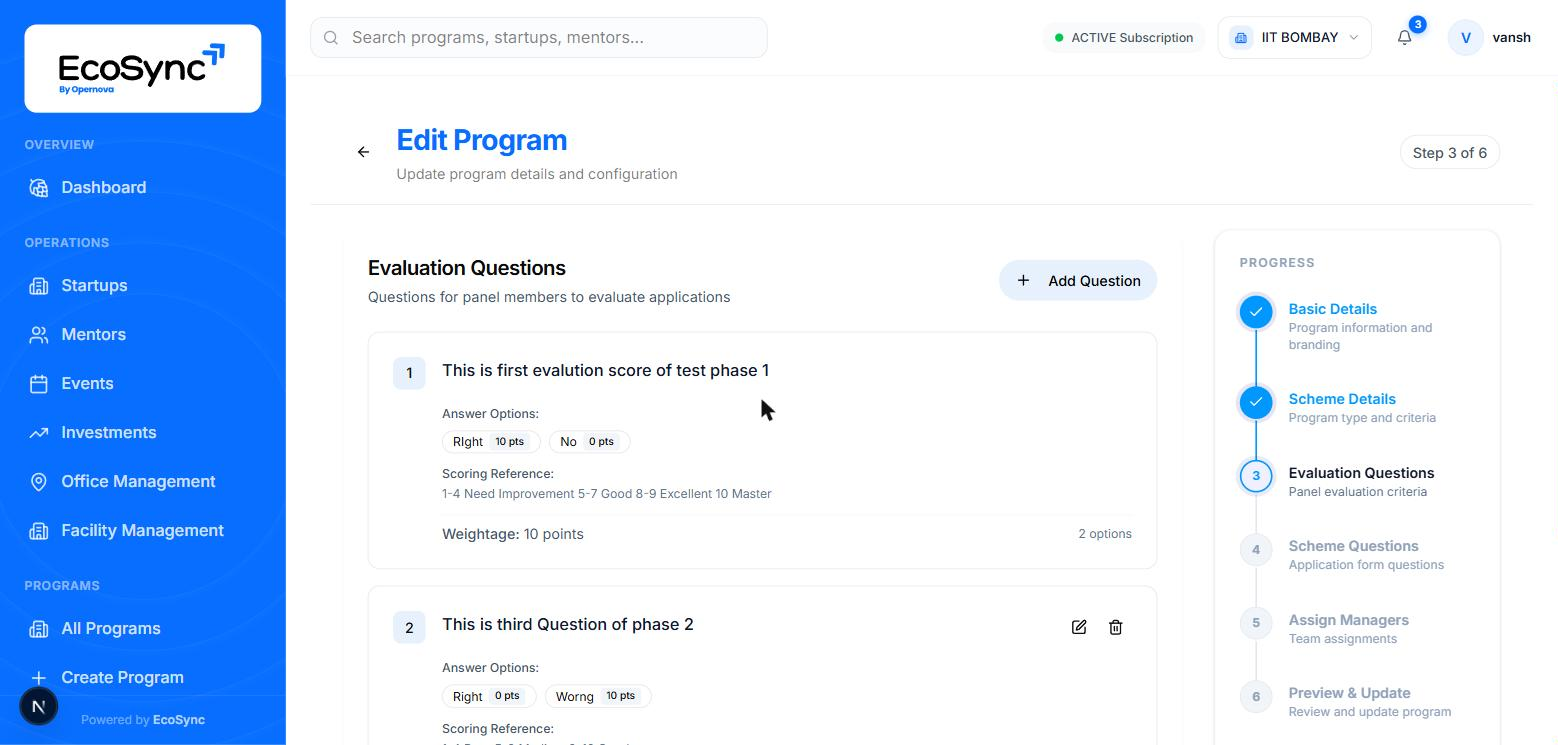 The evaluation questions screen with two saved questions showing answer options, points, scoring reference and weightage