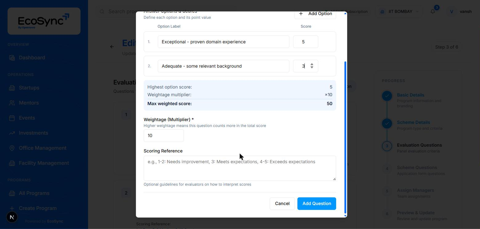 The lower half of the evaluation question dialog showing weightage, scoring reference and the save buttons