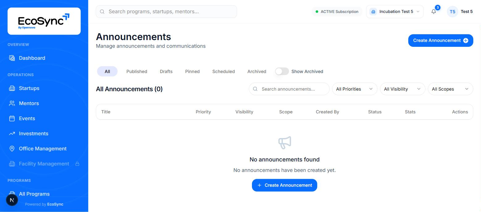 The Announcements page with tabs for All, Published, Drafts, Pinned, Scheduled and Archived, and columns for priority, visibility, scope, created by, status and stats