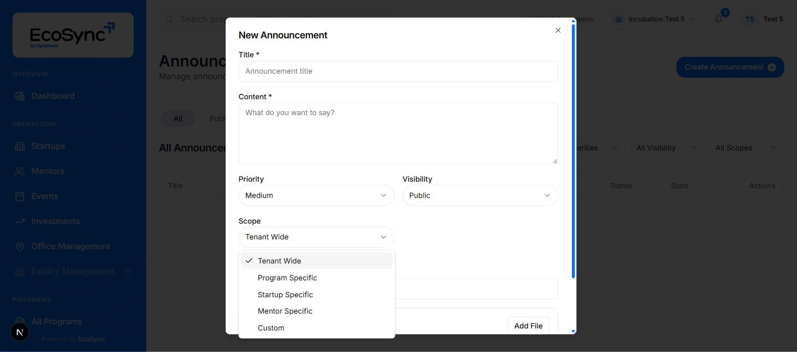 The New Announcement dialog with title, content, priority, visibility and the scope dropdown open showing five options