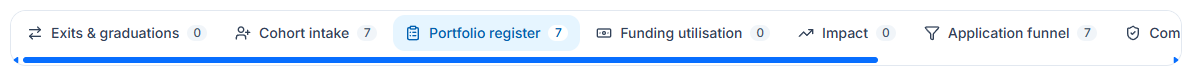 The report tabs - Exits & graduations, Cohort intake, Portfolio register, Funding utilisation, Impact, Application funnel and more - each with how many rows it has
