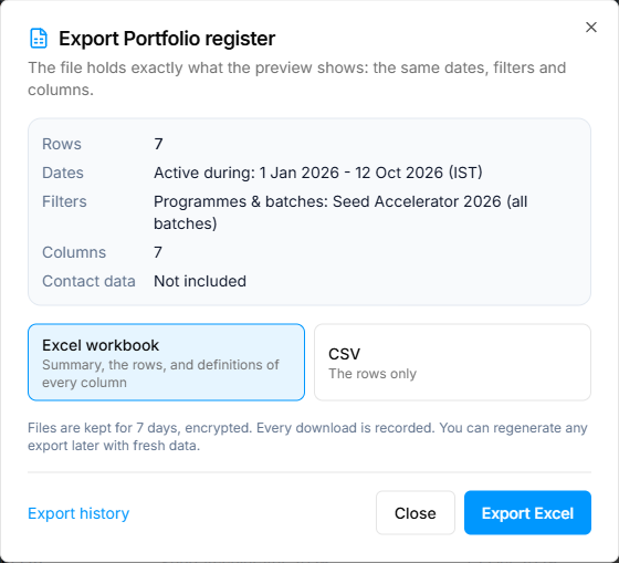 The Export dialog for Portfolio register: the rows, dates, filters and columns the file will hold, contact data not included, and a choice of Excel workbook or CSV
