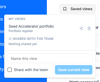 The Saved views menu: a view saved by you, nothing shared with the team yet, and a box to name the current view with Share with the team and Save current view