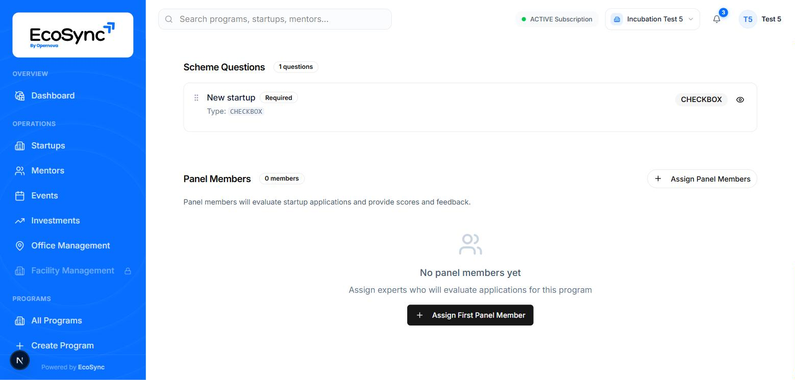 The Panel Members section at the bottom of the Program Info tab, showing no panel members yet and an assign button