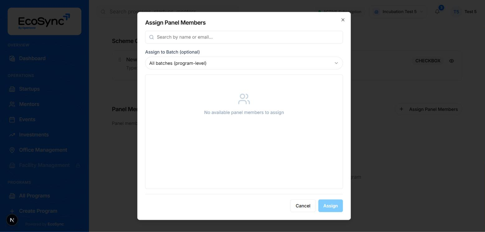 The Assign Panel Members dialog with a search box, an Assign to Batch dropdown, and an empty list reading no available panel members to assign