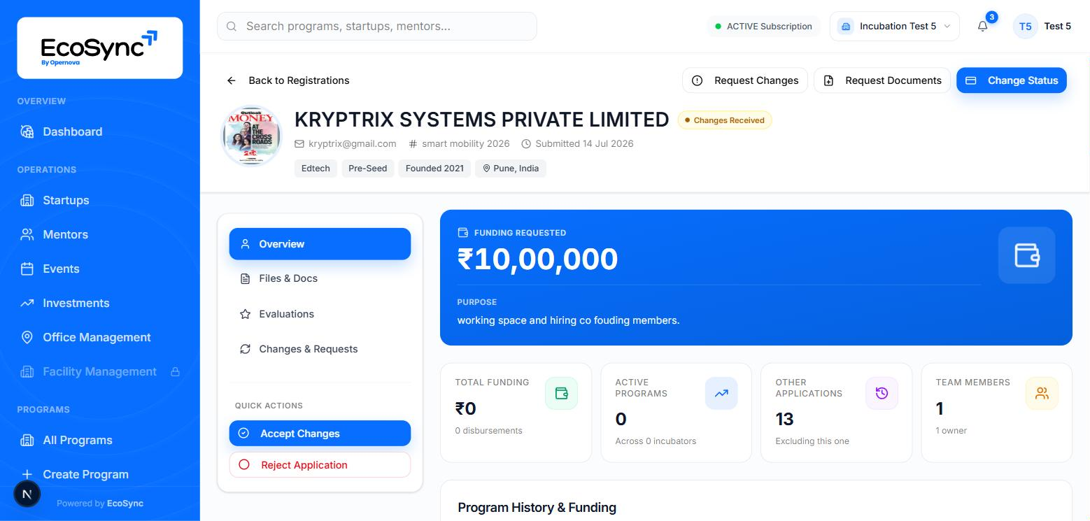An application detail screen showing the startup name, status, sector tags, funding requested, and a left menu with Overview, Files and Docs, Evaluations and Changes and Requests