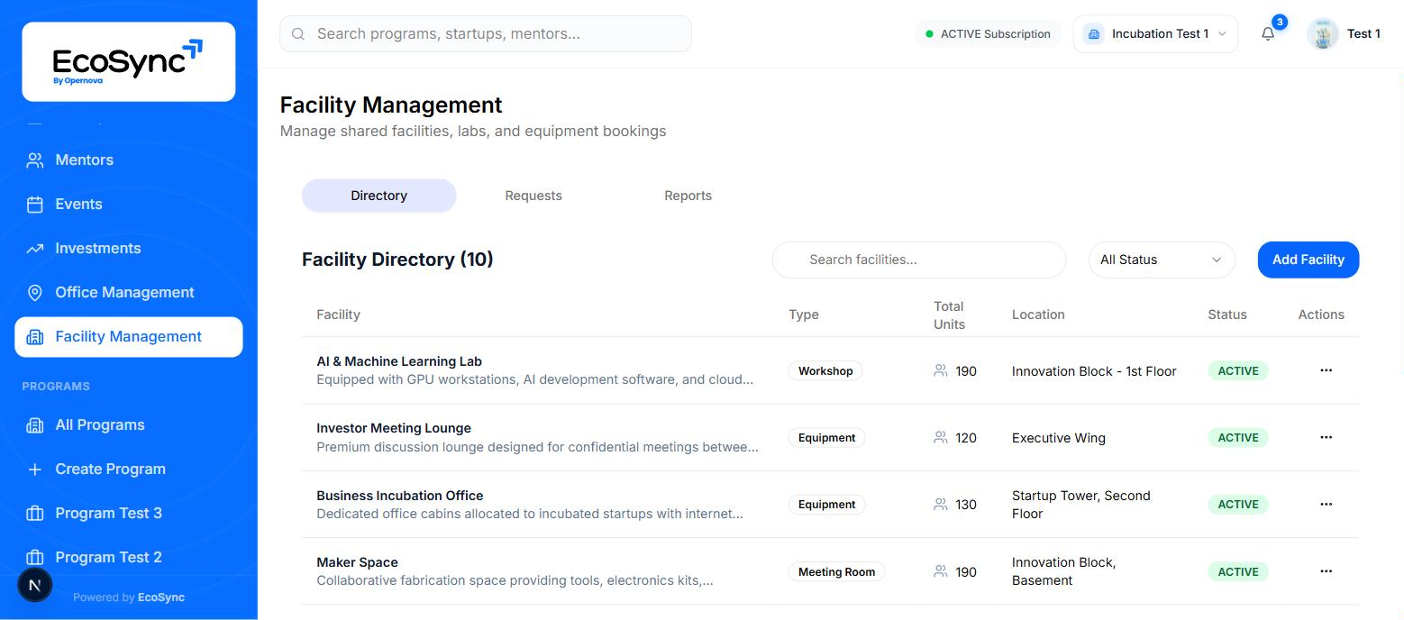 The Facility Directory listing ten facilities with type, total units, location and active status