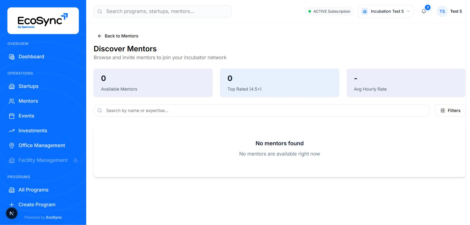 The Discover Mentors page showing available mentors, top rated and average hourly rate figures with a search box and filters