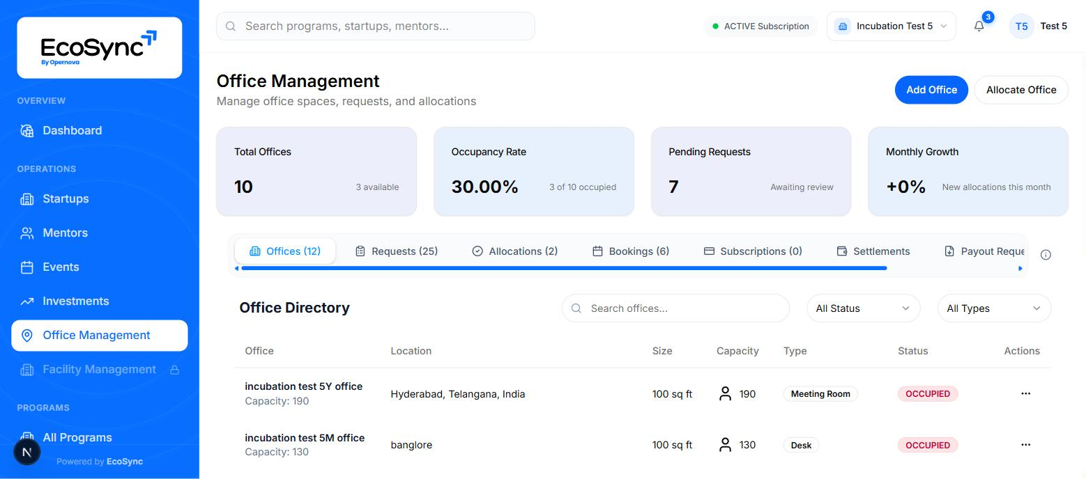 The Office Directory listing spaces with location, size, capacity, type and occupied status