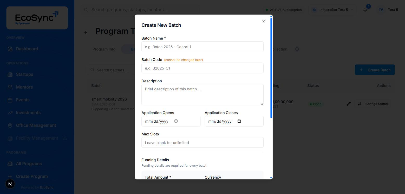 The Create New Batch dialog showing batch name, batch code, description, application dates and max slots