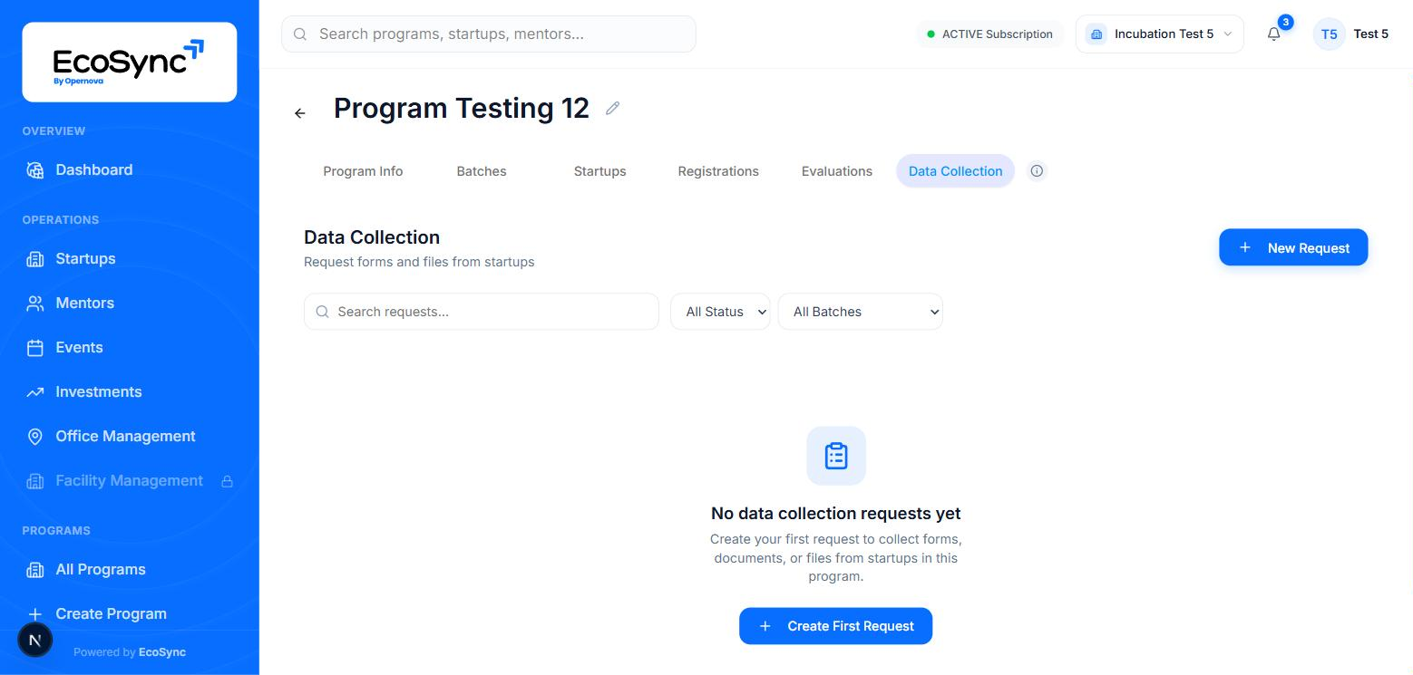 The Data Collection tab with search, status and batch filters and an empty state offering to create the first request