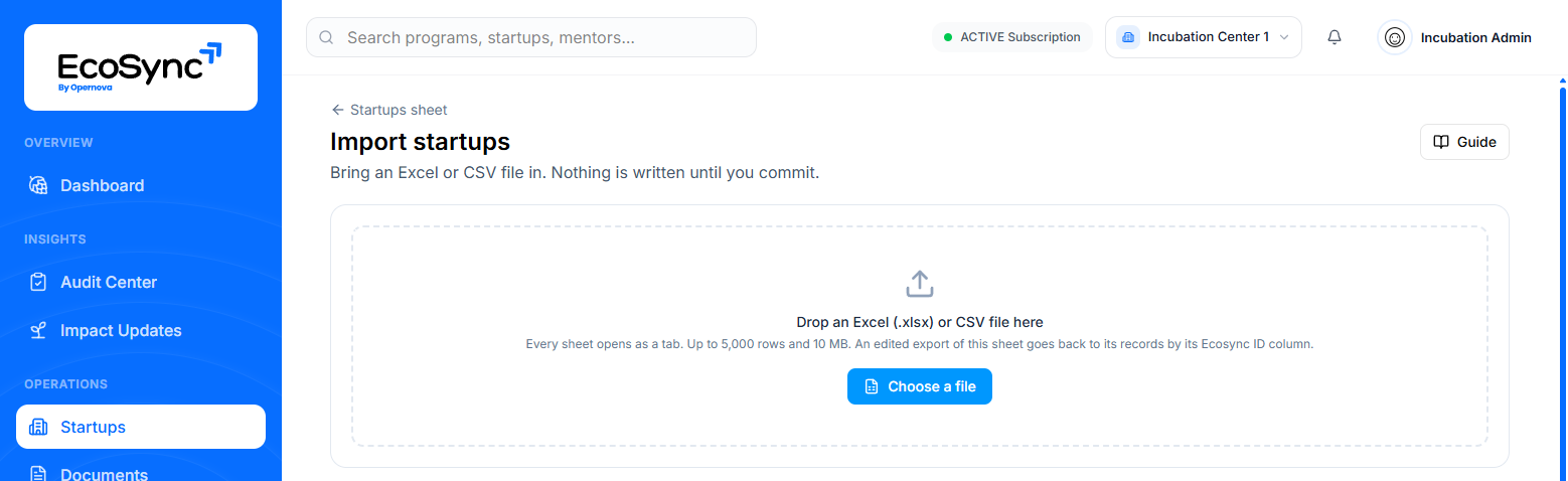 The Import startups page with a drop area for an Excel or CSV file and a Choose a file button