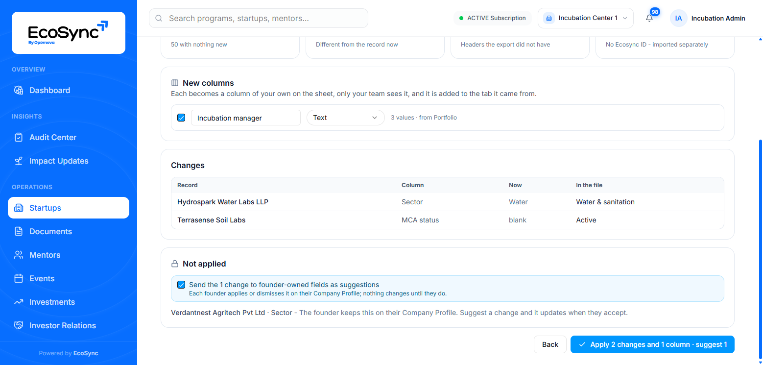 The review of an edited export: a new column to add, two cells that change, and one change to a founder's own field offered as a suggestion
