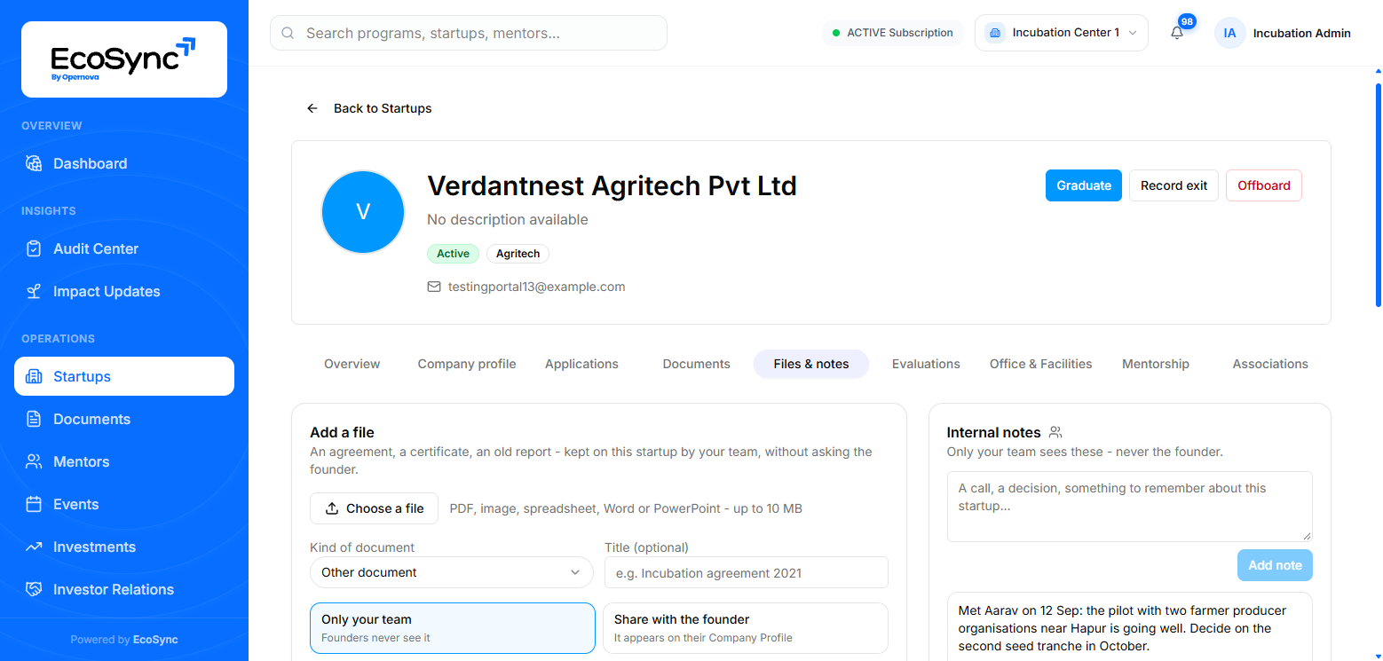 A startup's Files and notes tab with an Add a file form, a choice between Only your team and Share with the founder, and an internal note