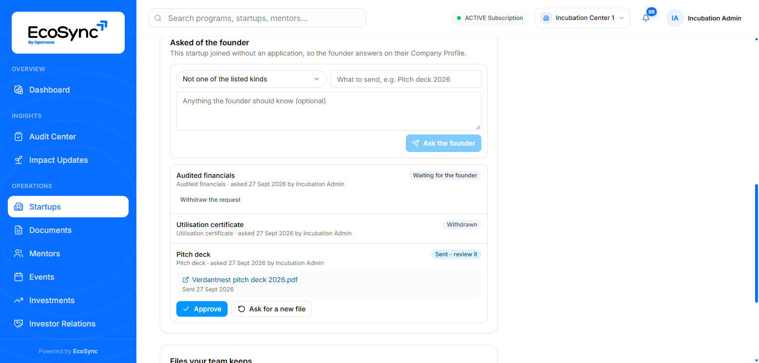 The Asked of the founder card listing a request waiting for the founder, a withdrawn request, and a pitch deck sent for review with Approve and Ask for a new file buttons