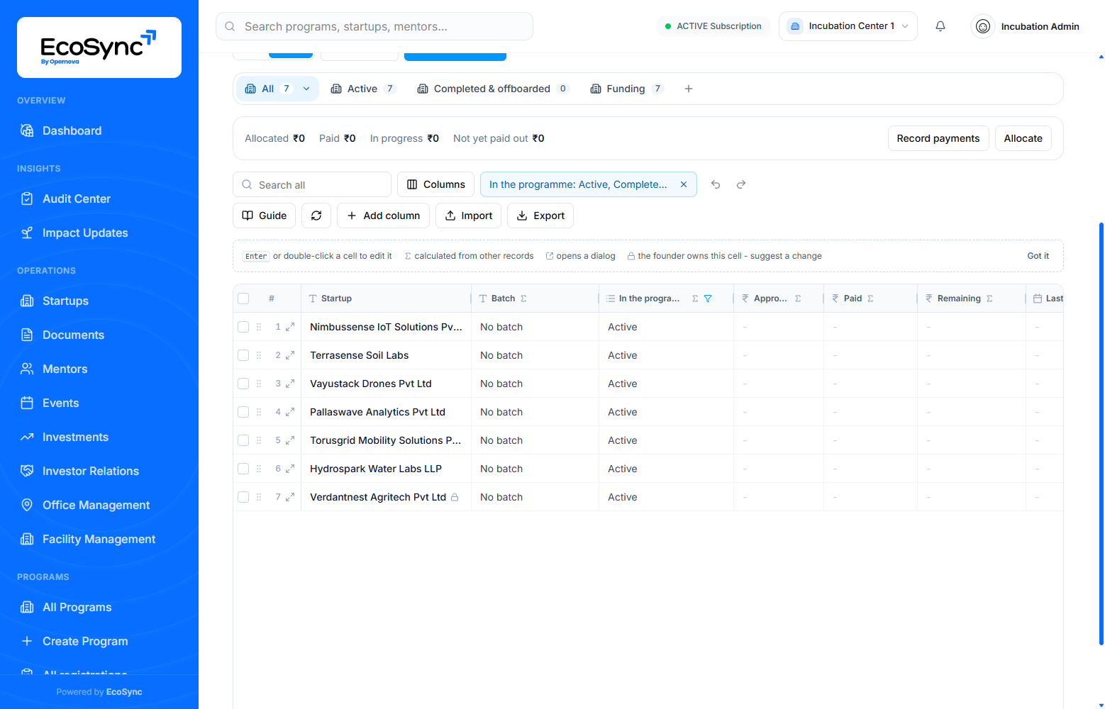 A programme's Startups tab as a Sheet: tabs All, Active, Completed & offboarded and Funding, the programme's funding strip, and seven startups with their batch and standing in the programme