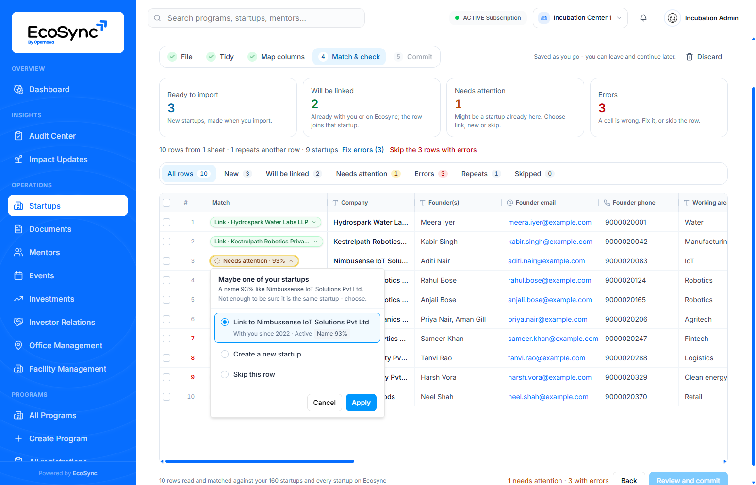 A Needs attention pill opened: a name 93% like Nimbussense IoT Solutions Pvt Ltd, with Link to it, Create a new startup, or Skip this row
