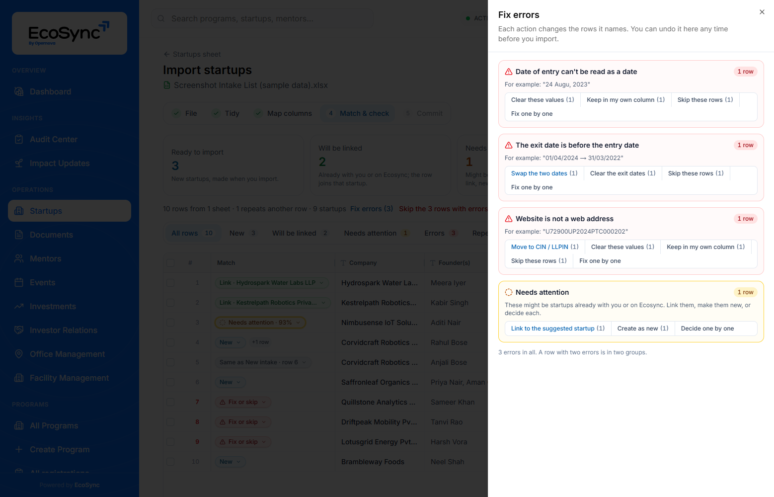 The Fix errors panel grouping the errors - a date that cannot be read, an exit before its entry, a company number in the Website column - each with its actions, and the row that needs attention