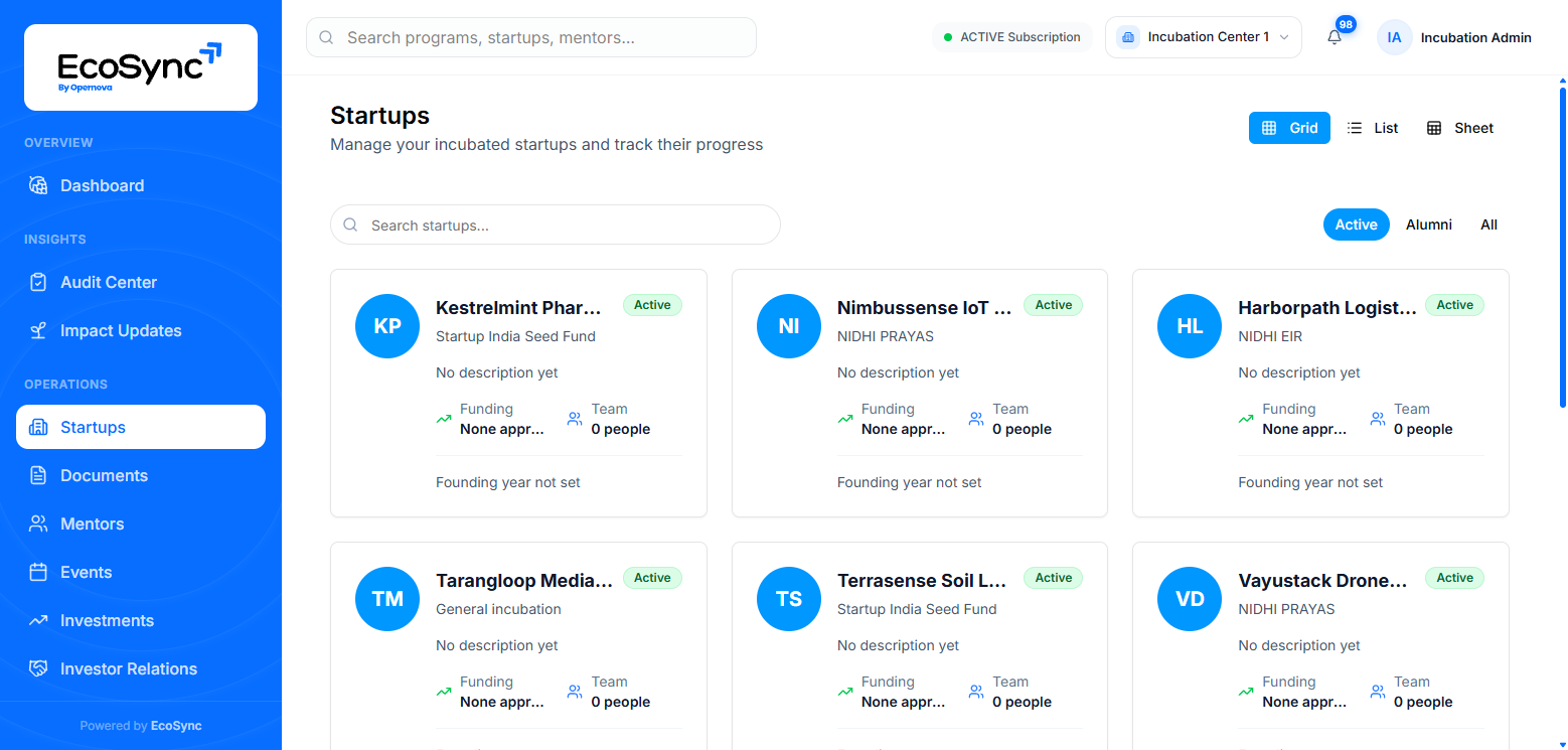 The Startups page in grid view showing startup cards with their programme, status, funding and team, and Grid, List and Sheet buttons top right