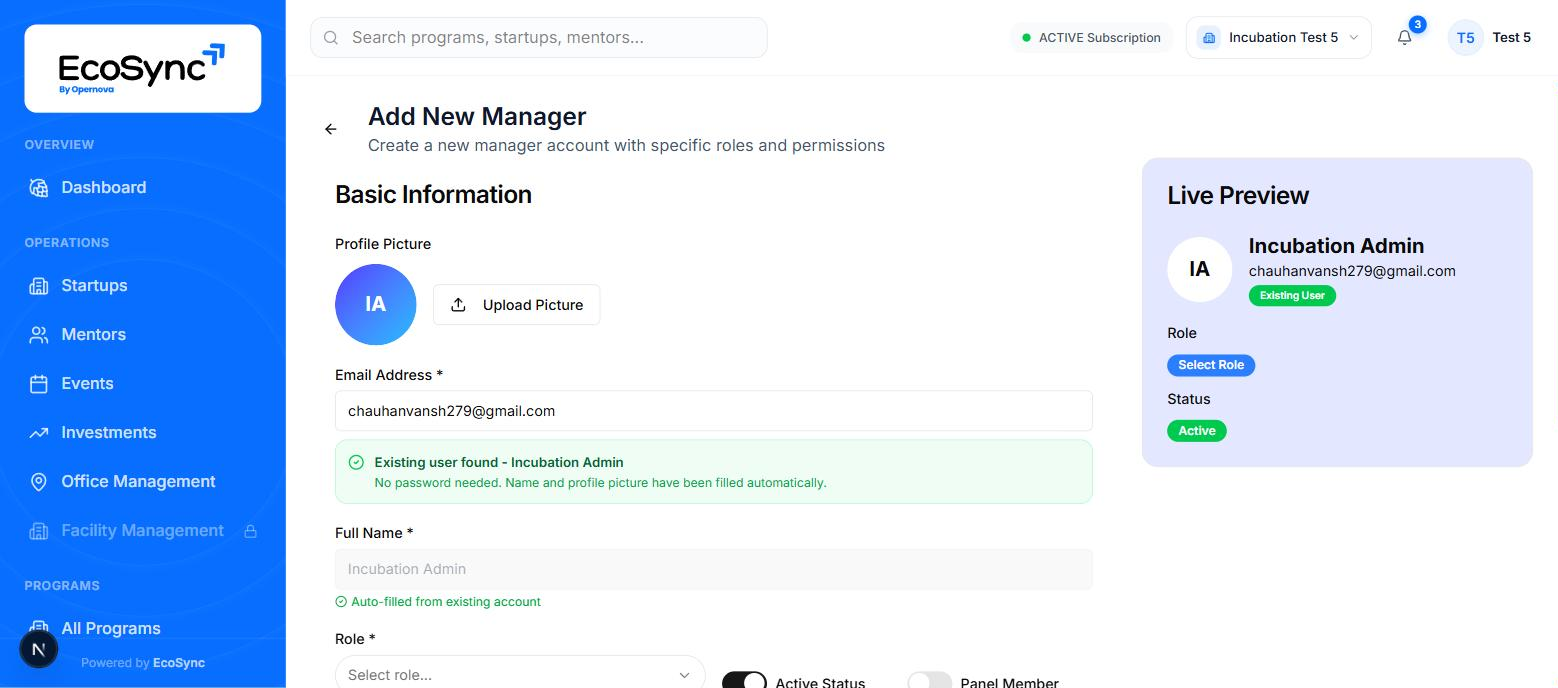 The add user form after entering an existing user's email, showing the green confirmation, locked auto-filled name, and no password field