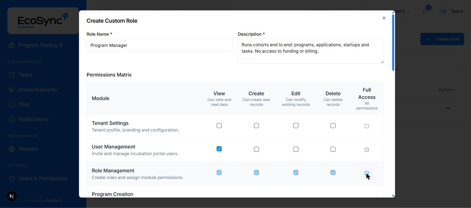 The permissions matrix with User Management showing a single solid View tick and Role Management showing four pale ticks from Full Access