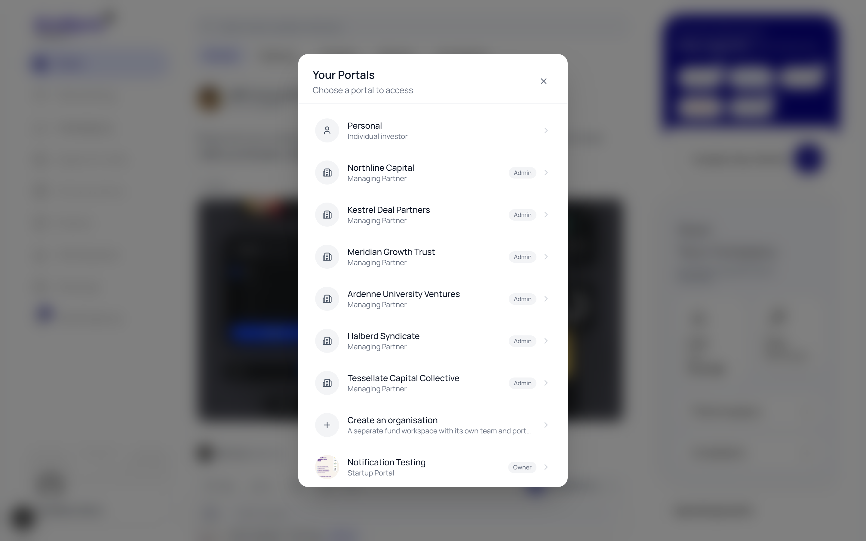The Your Portals dialog listing a personal individual investor profile, an organisation with a Managing Partner role, a create-an-organisation option and startup portals