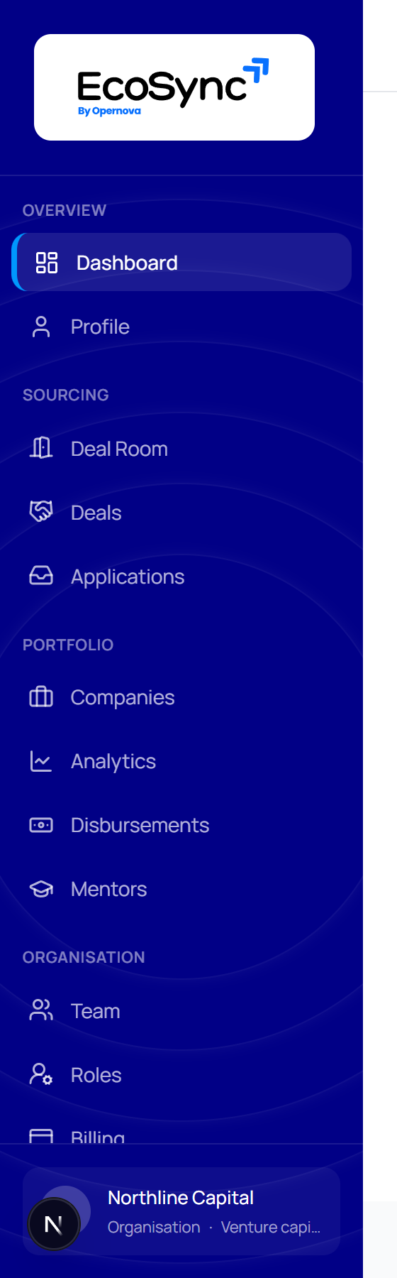 The investor sidebar grouped into Overview, Sourcing, Portfolio and Organisation sections