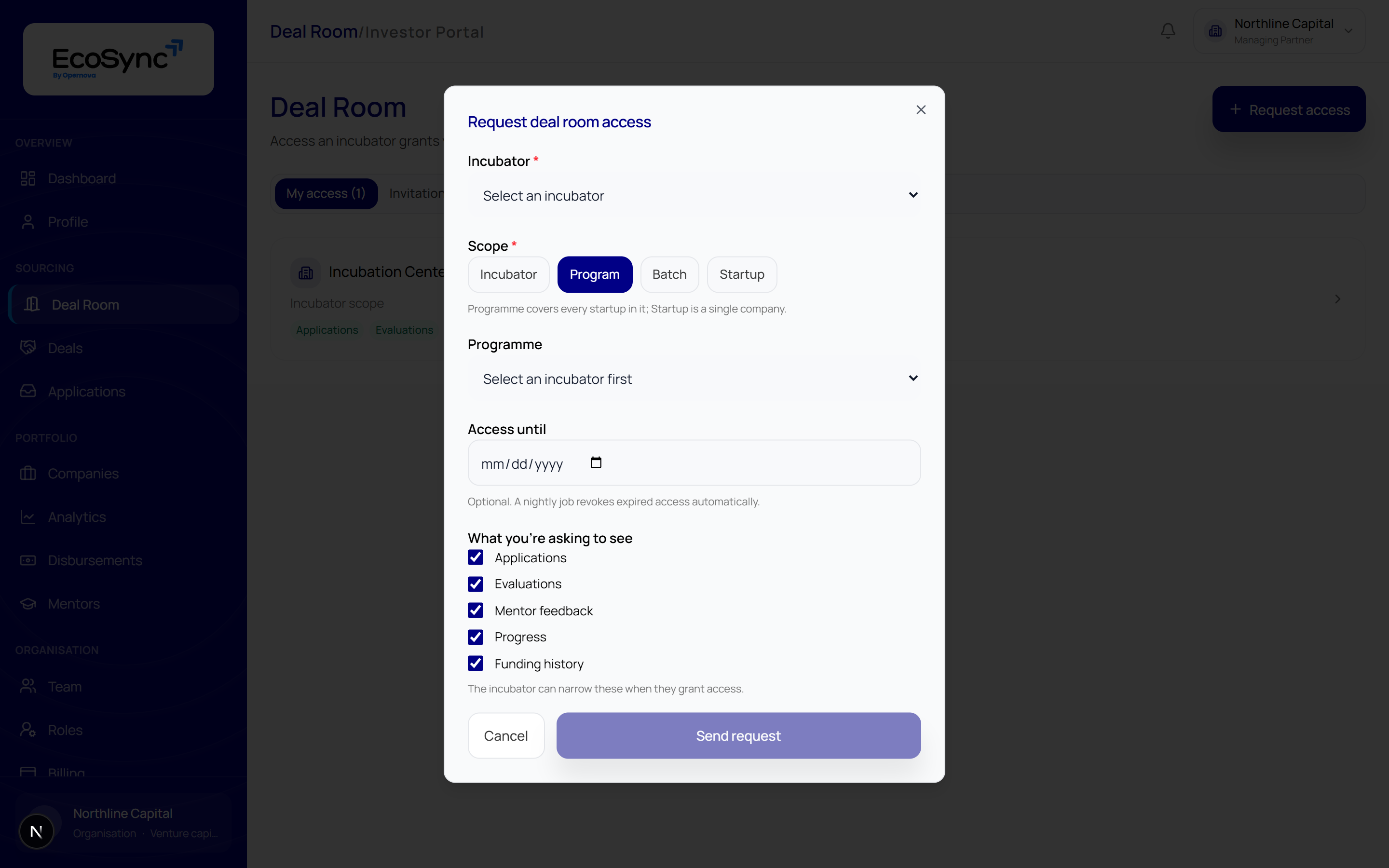 The Request deal room access dialog with an incubator selector, scope buttons for Incubator, Program, Batch and Startup, an access-until date and permission checkboxes