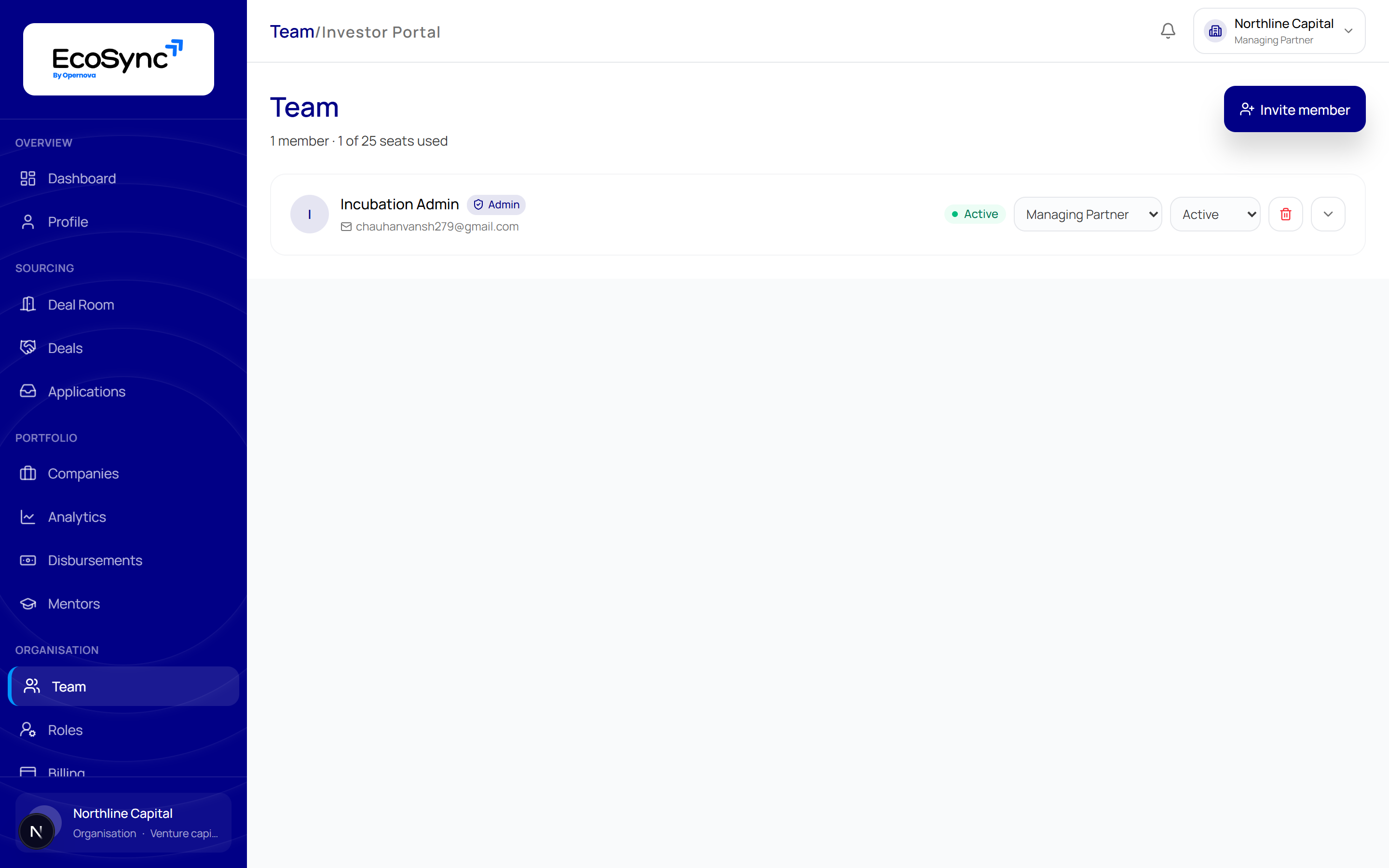 The Team page showing member count and seats used, with each member's name, email, status and role selector
