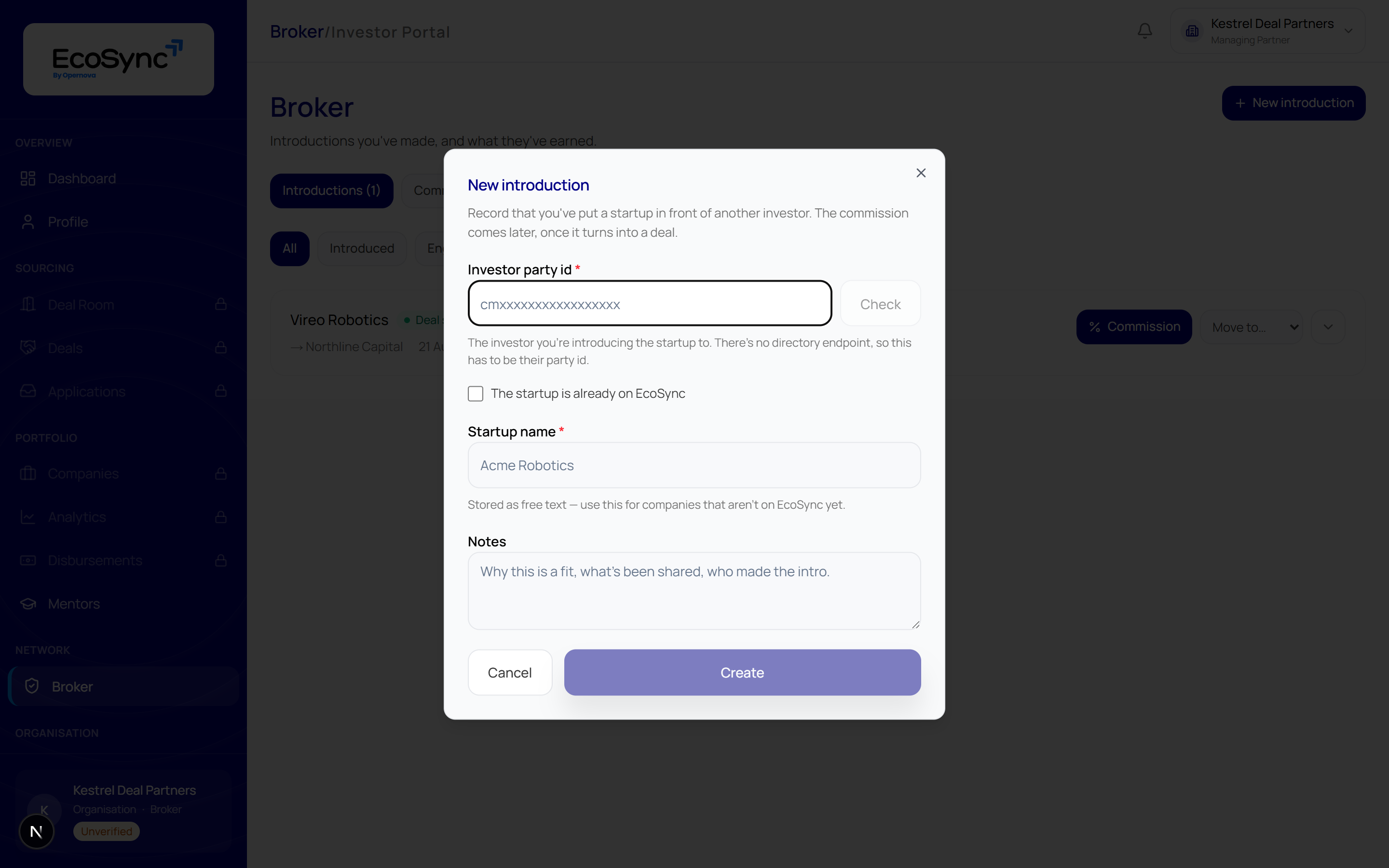 The New introduction dialog with an investor party id field and a Check button, a checkbox for whether the startup is already on the platform, a startup name field and notes