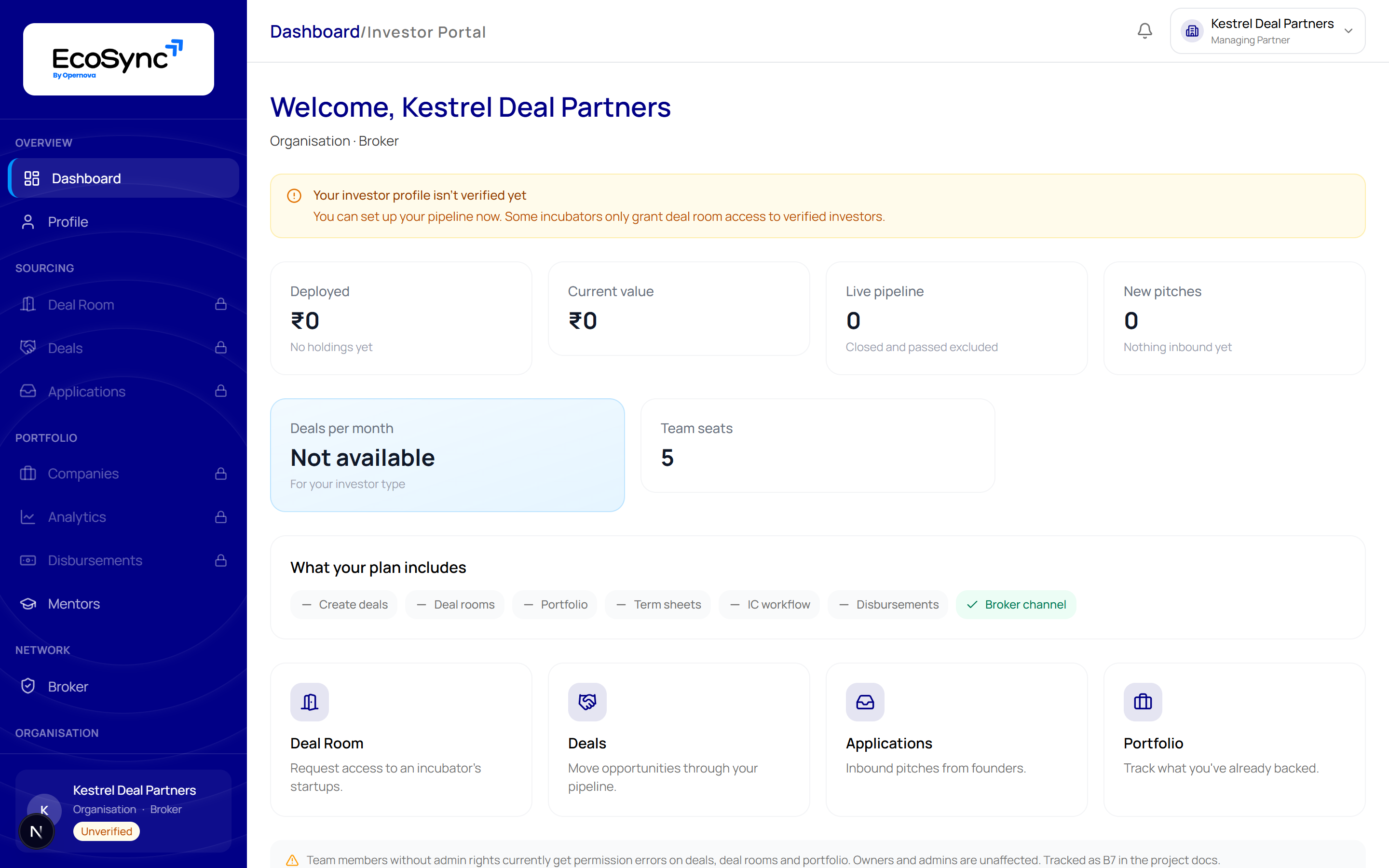 A Broker dashboard showing 'Deals per month: Not available', team seats of 5, and a feature strip where only Broker channel is ticked