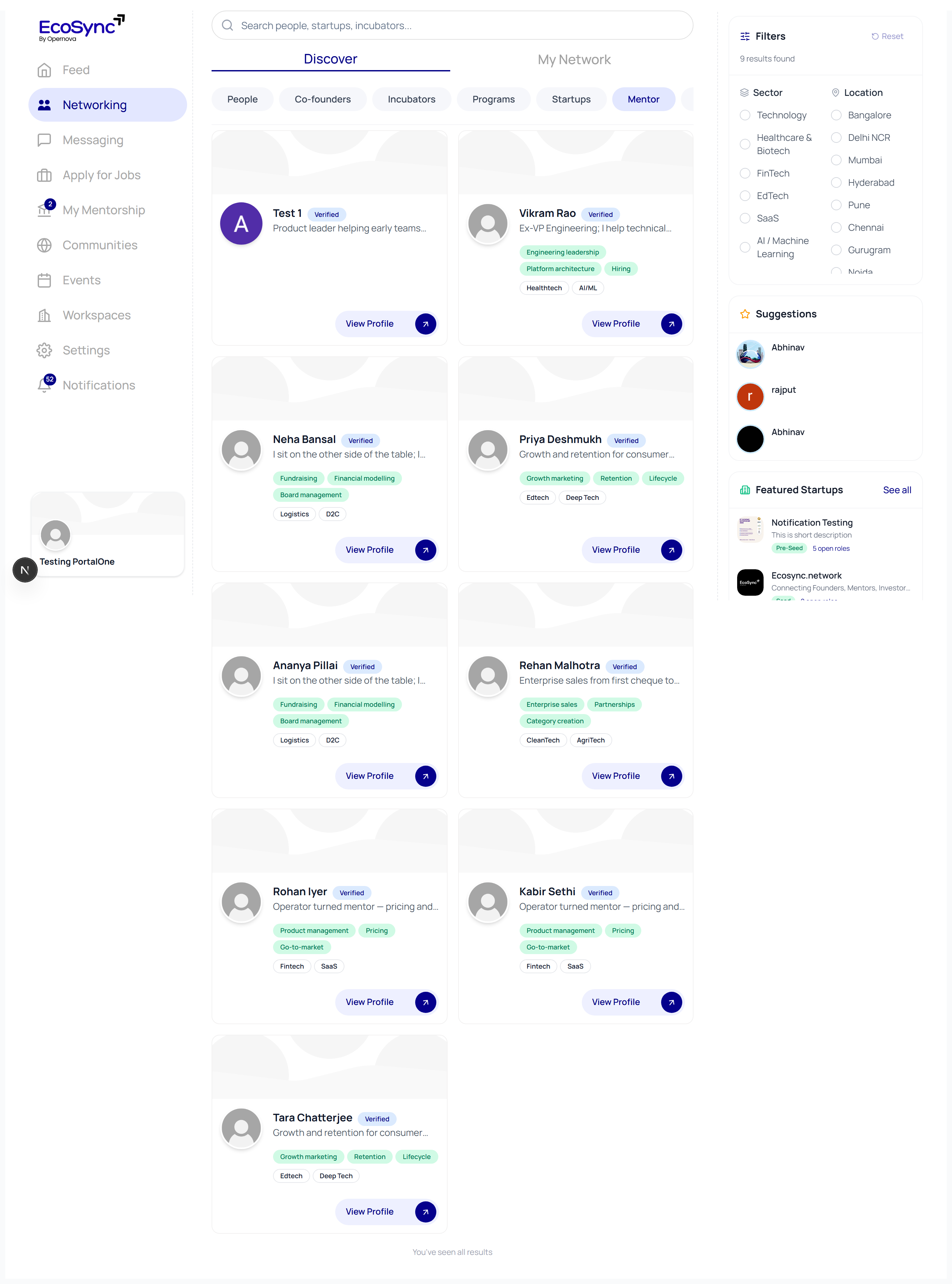 The mentor marketplace under Networking showing nine verified mentors as cards with headlines, expertise tags and Verified badges