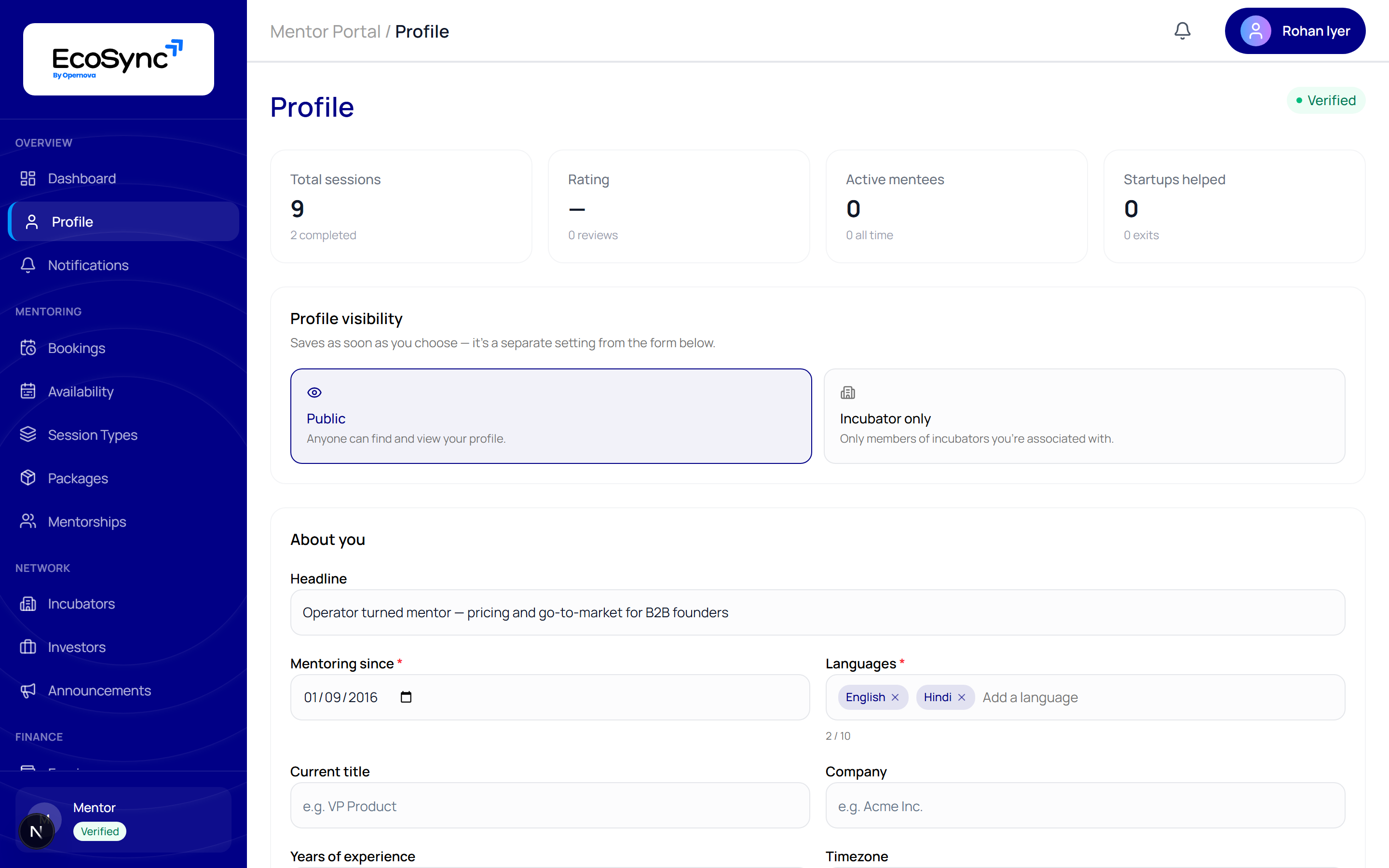 The mentor profile page showing the verification badge, headline, expertise and approach