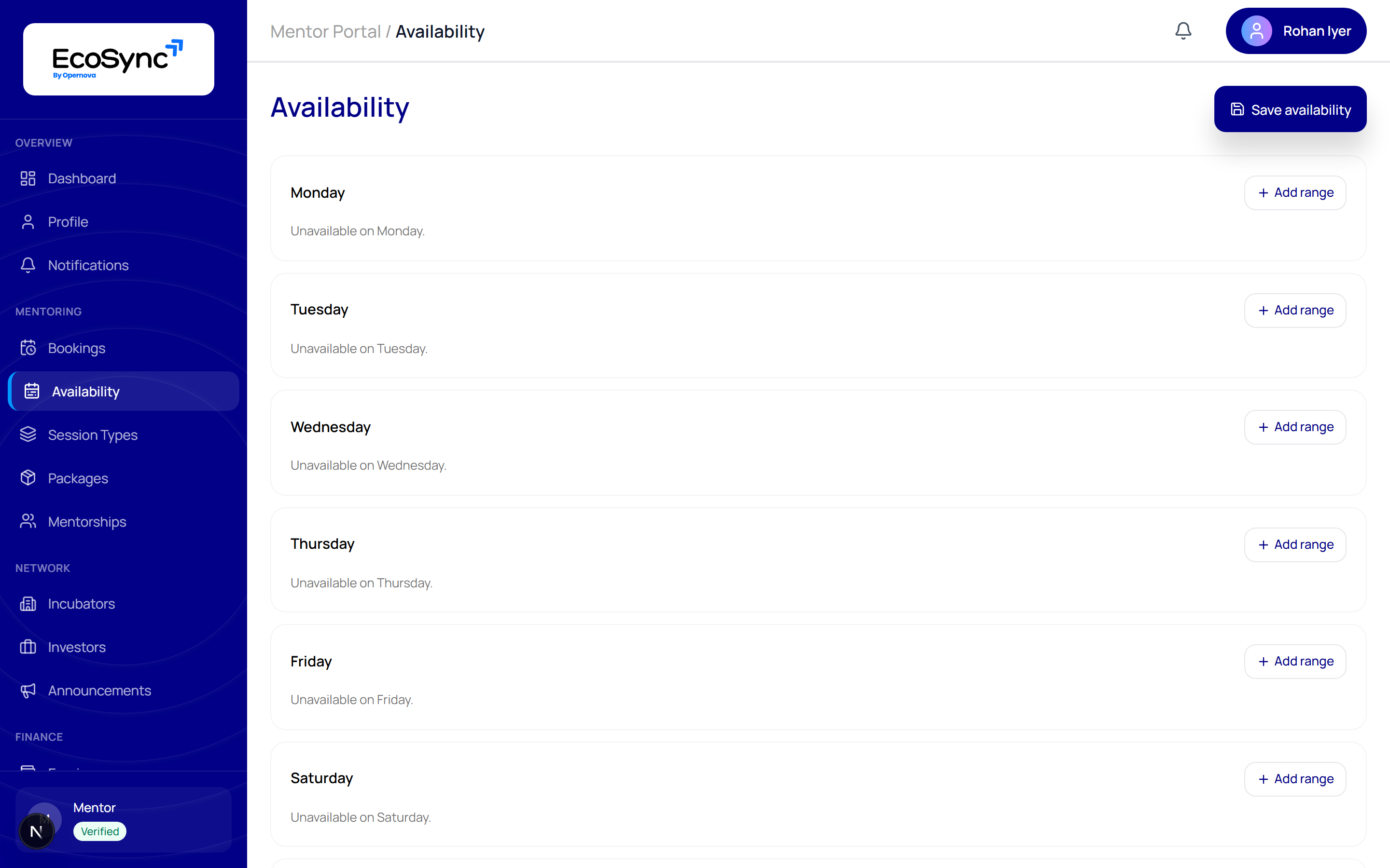 The mentor availability page showing weekday slots with start and end times