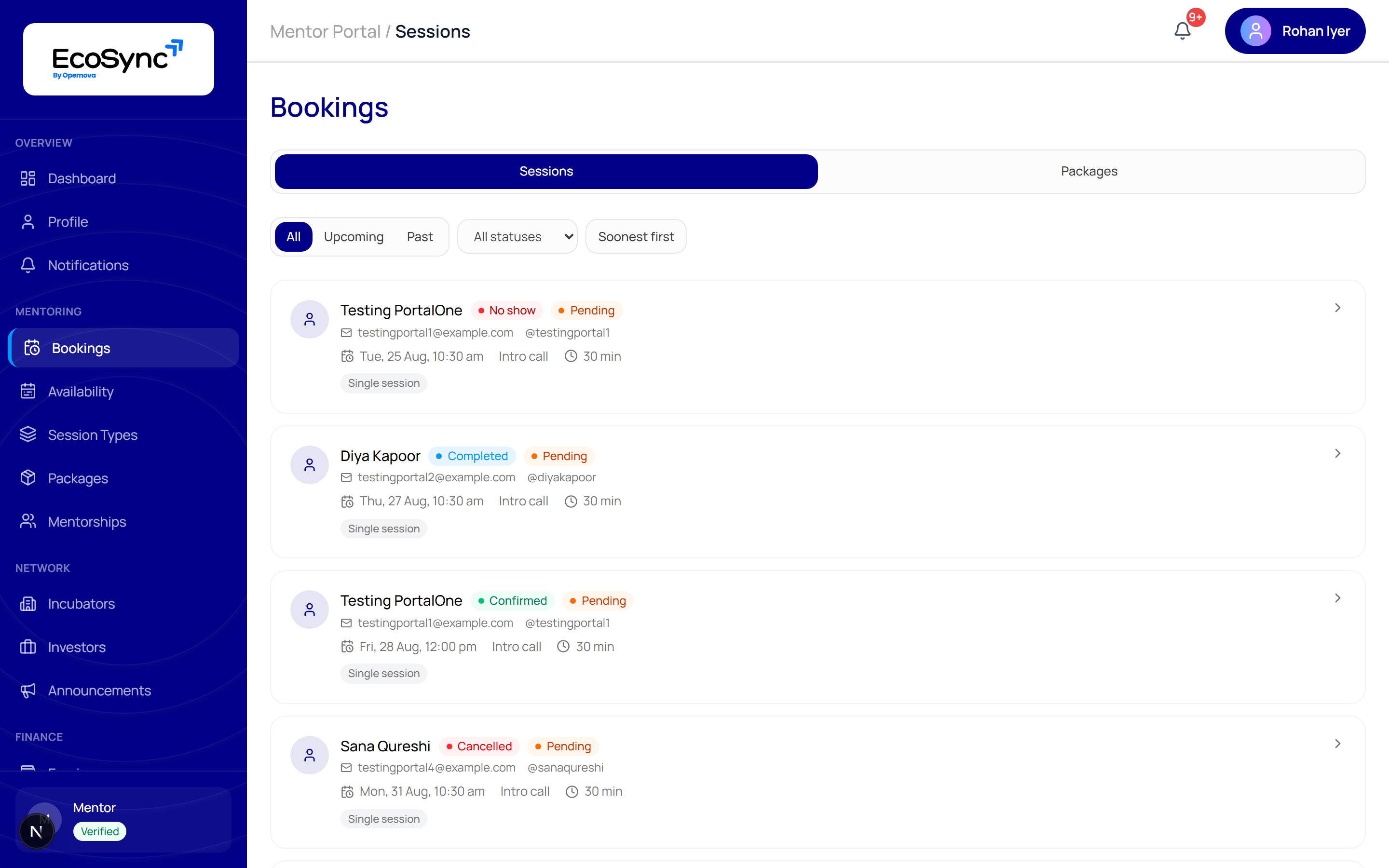 The Bookings page listing sessions with mentee names, emails, dates, session types and status badges including No show, Completed, Confirmed and Cancelled