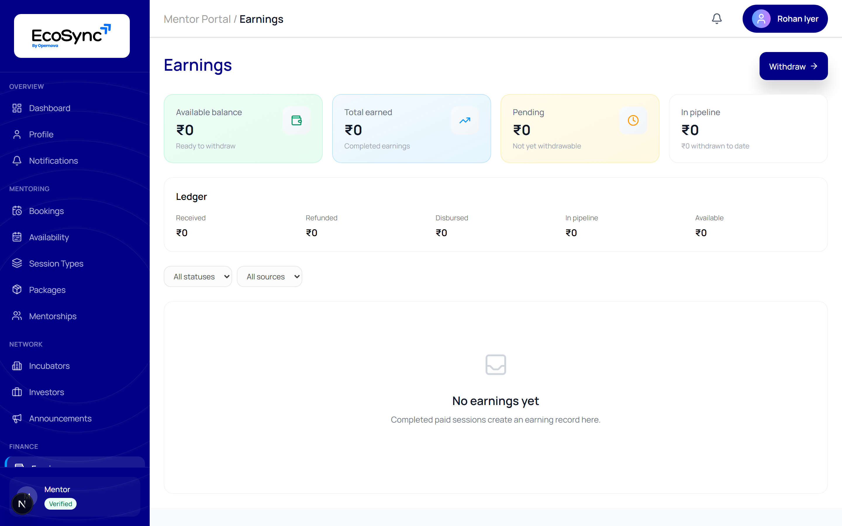 The Earnings page showing available balance, total earned, pending and in-pipeline cards above a ledger with Received, Refunded, Disbursed, In pipeline and Available columns