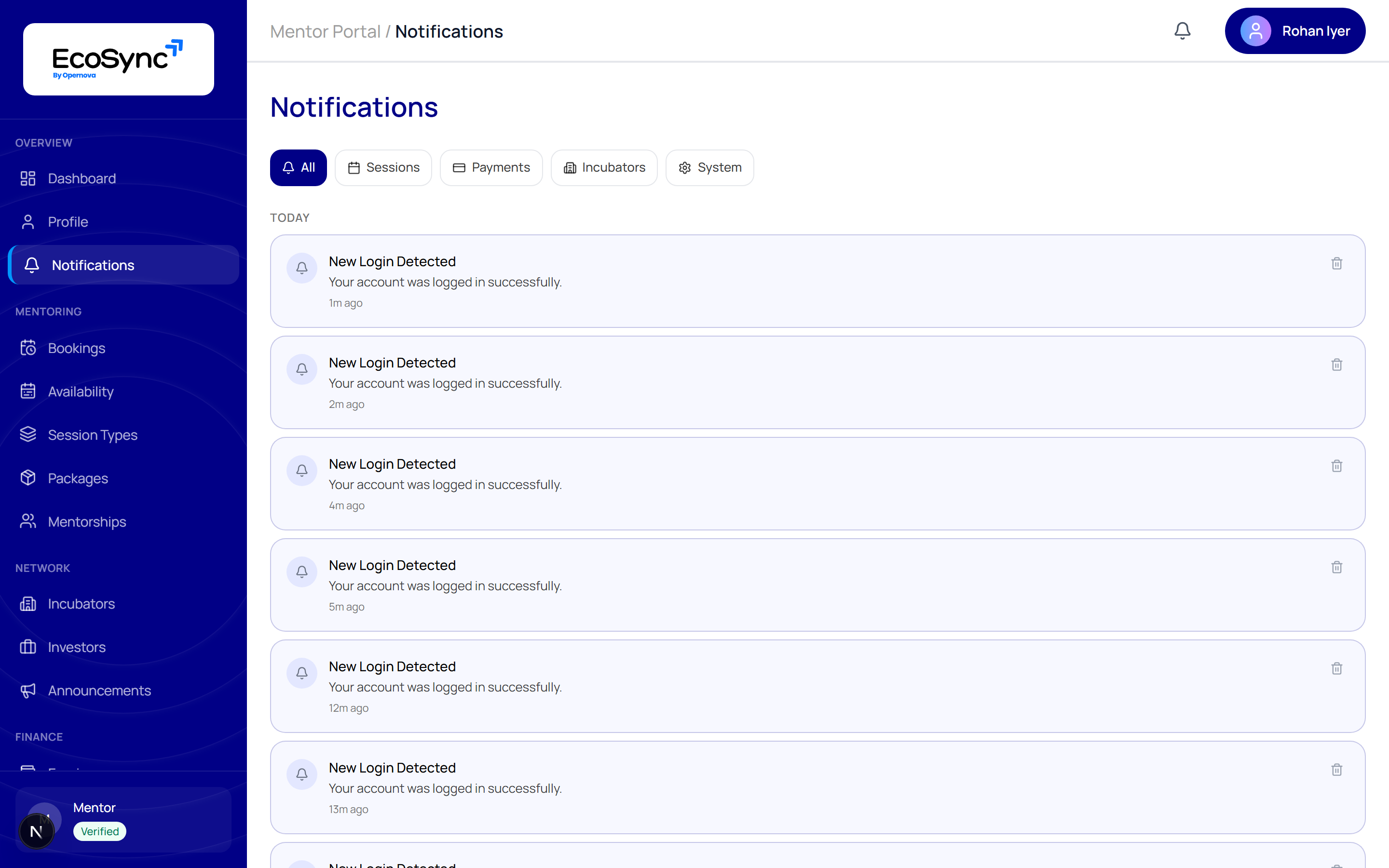 The mentor notifications page listing platform events