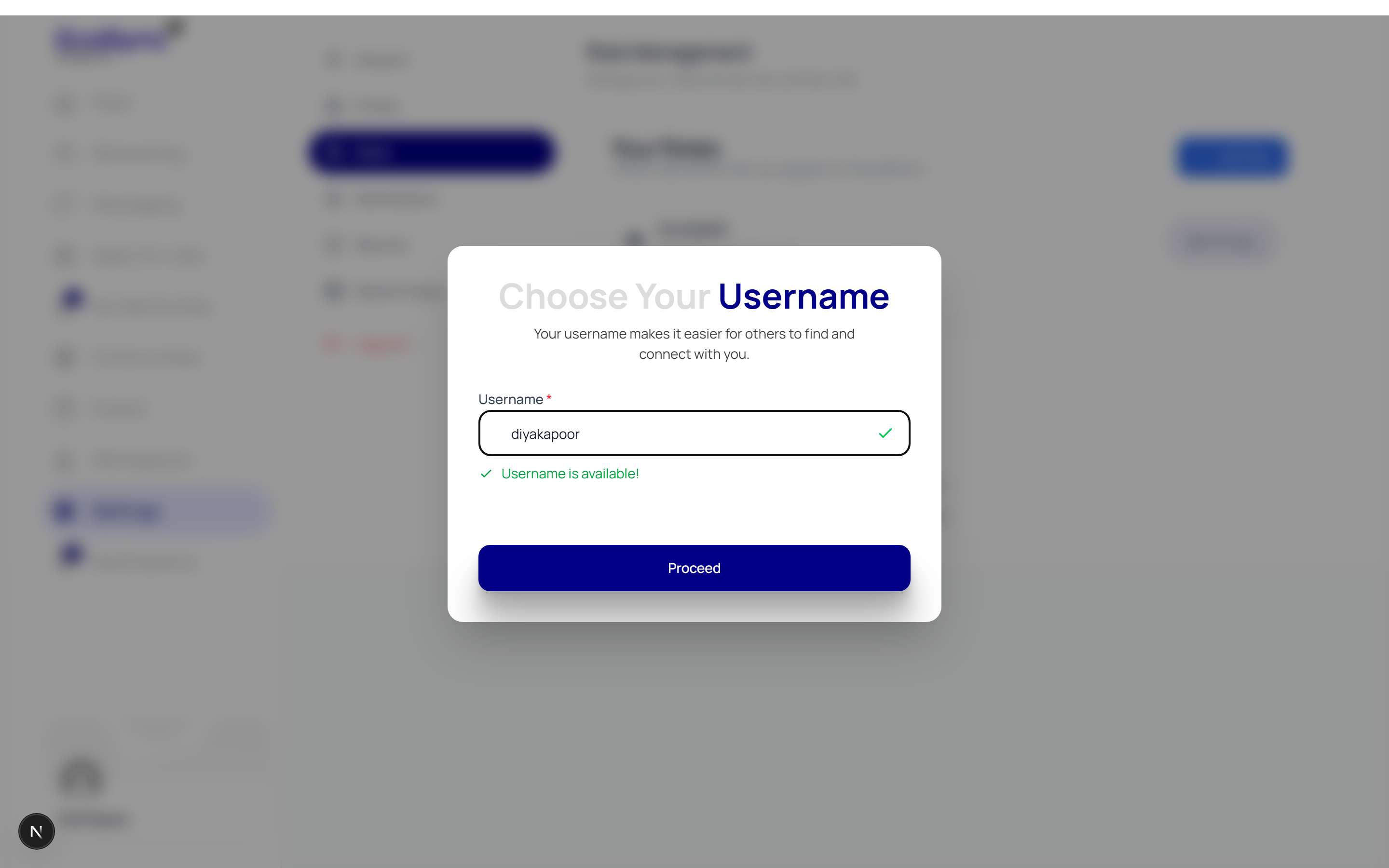 The Choose Your Username dialog with an available username and a Proceed button